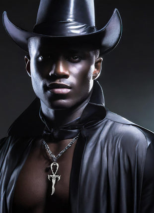 Model is wearing  the 3rd Generation Ankh in Rhodium Protected Sterling Silver.
